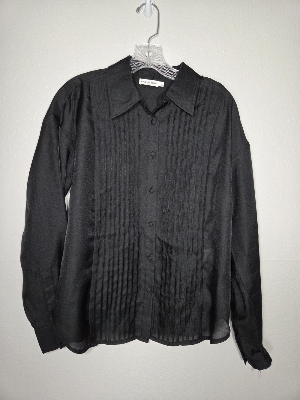 Avec Les Filles Black Sheer Pintuck Button-Down Blouse